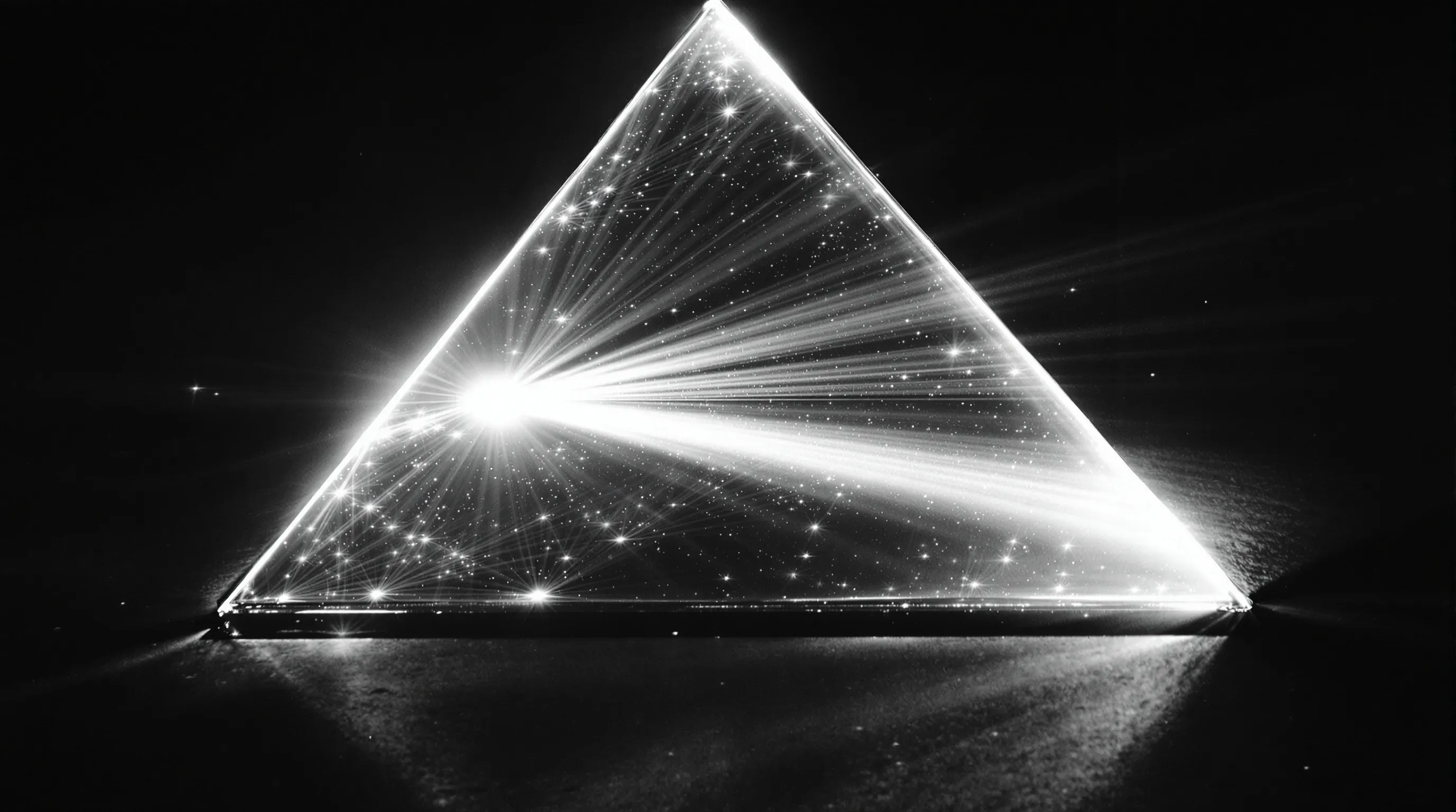 A glass prism splitting a single beam of light into multiple diverging rays, on a dark surface, black and white documentary photograph. Metaphor for how a single input can generate divergent outputs.