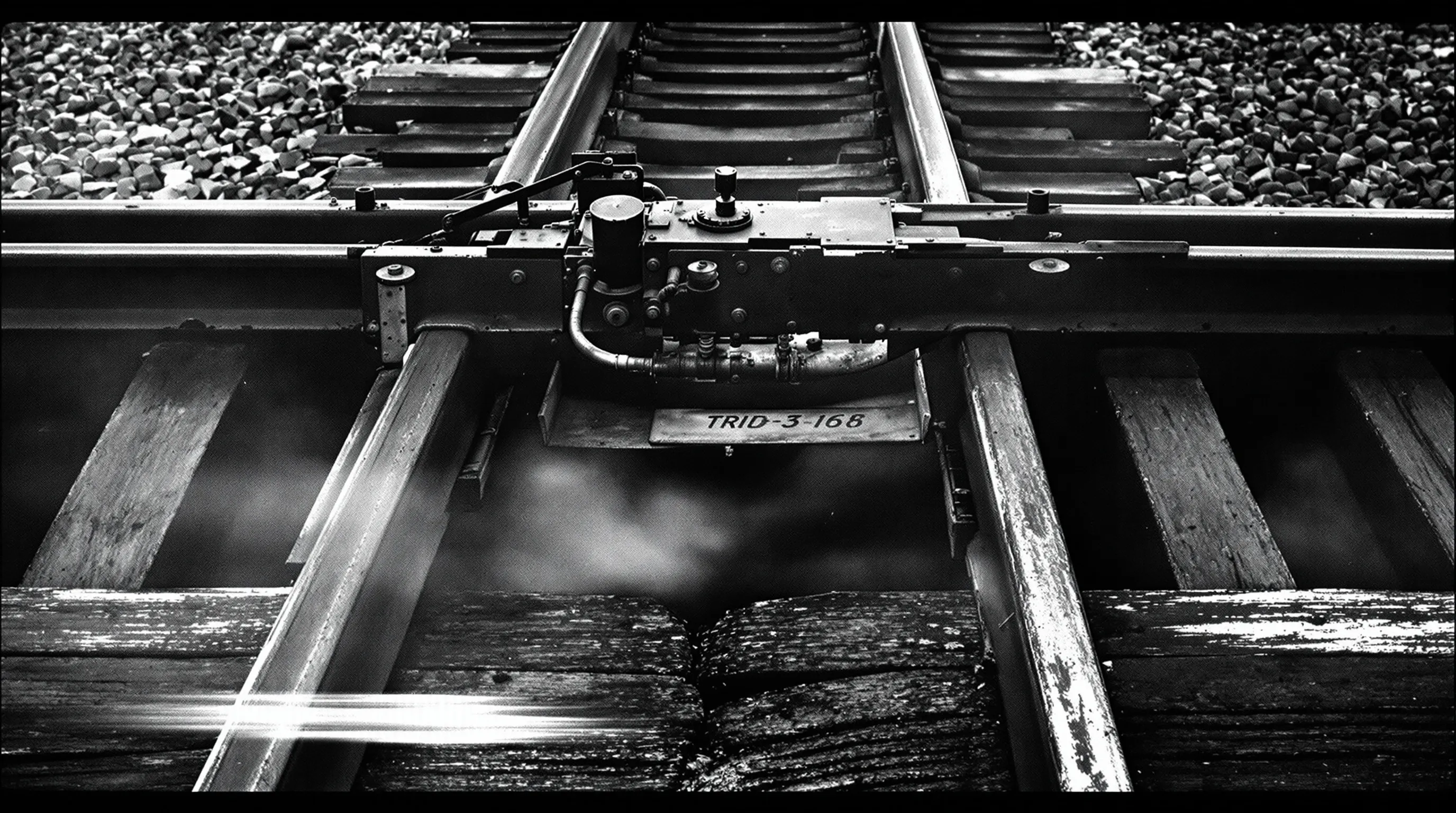 A mechanical railroad track switch with iron rails diverging at a junction point, photographed in black and white. Metaphor for routing tasks to the right AI model.