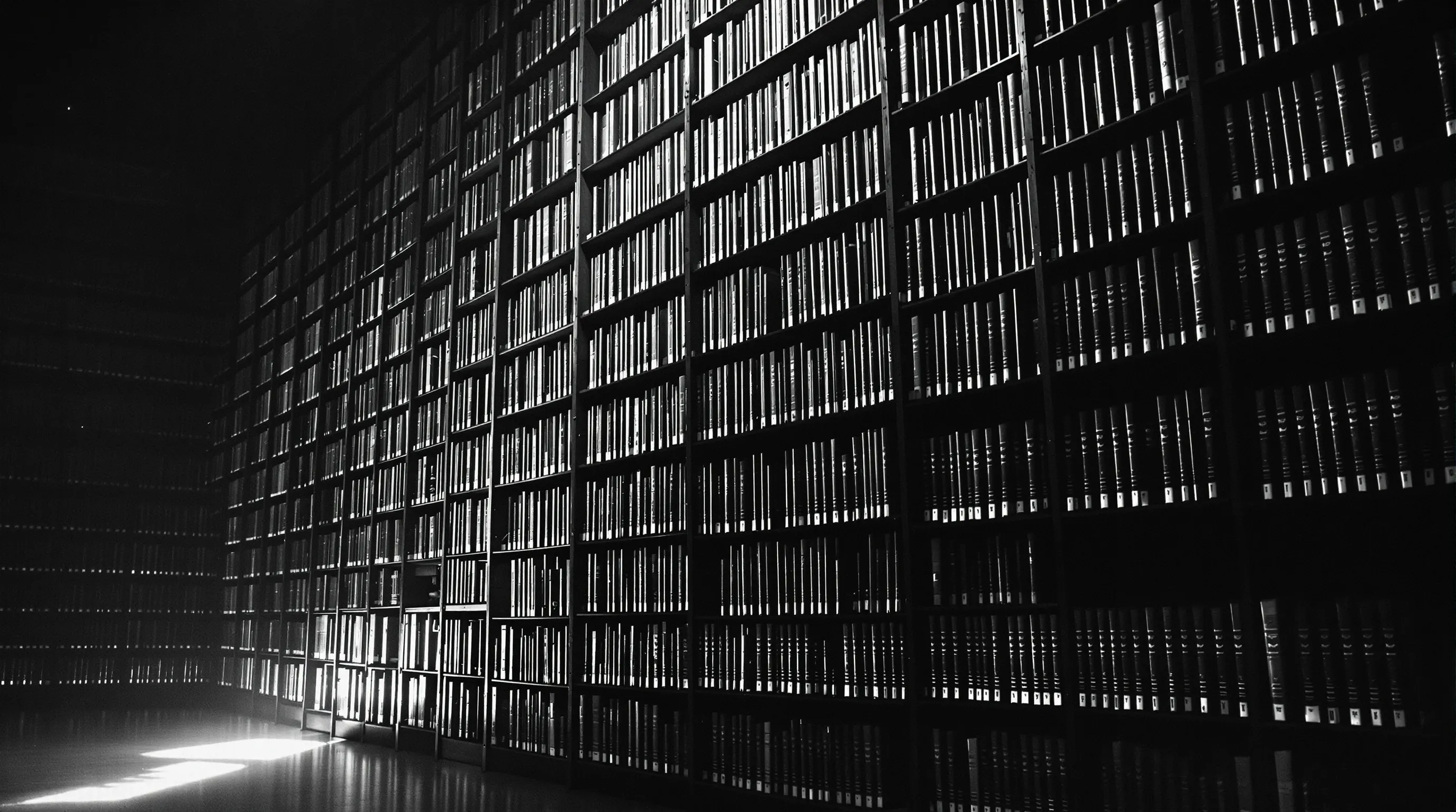 A vintage library stack interior, tall wooden bookshelves filled with thousands of bound volumes receding into shadow at an oblique angle, black and white. Metaphor for retrieval over a vast corpus.