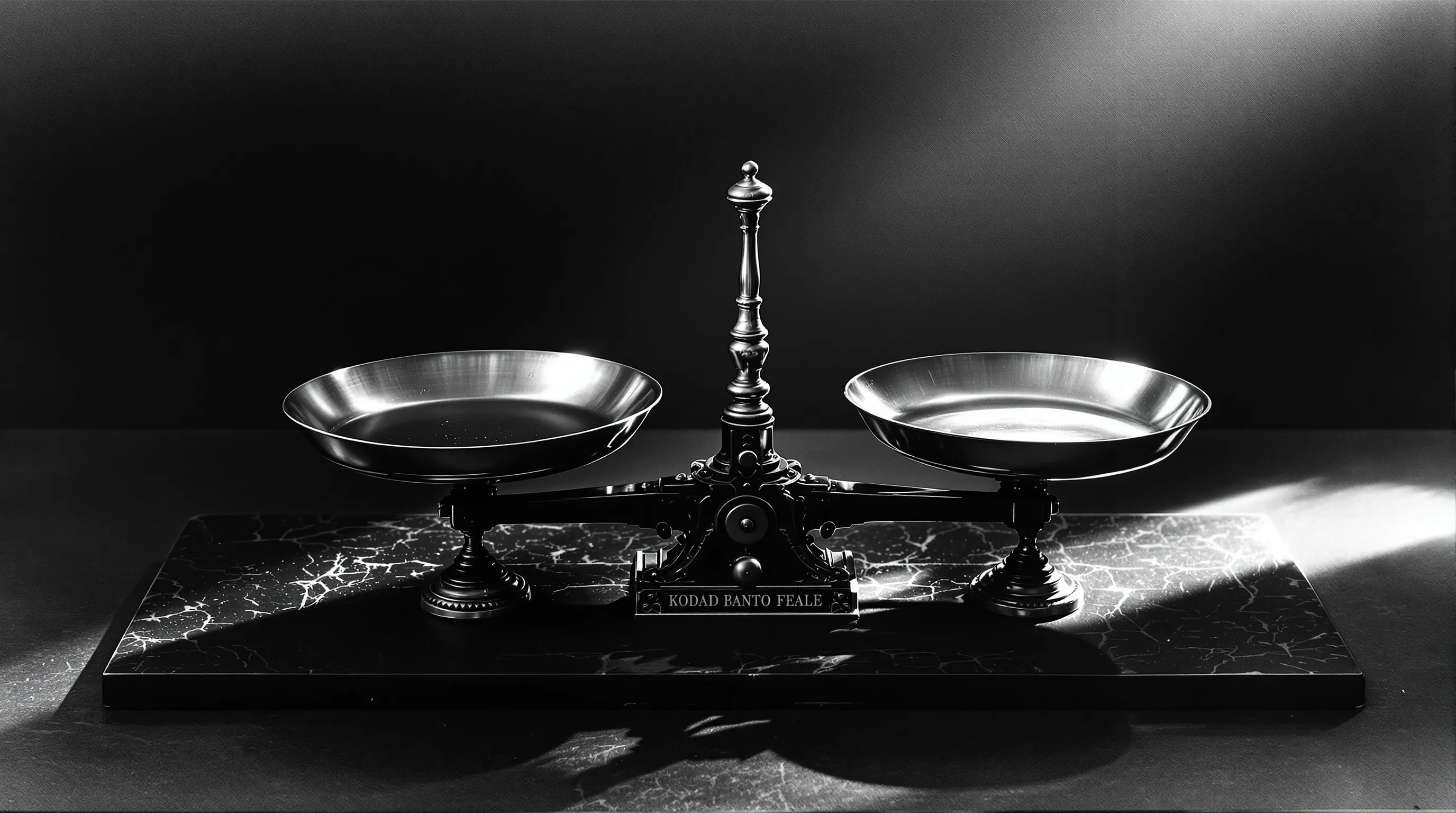 An antique brass two-pan balance scale suspended in perfect horizontal balance on a dark slate surface, black and white. Metaphor for weighing cost against value.