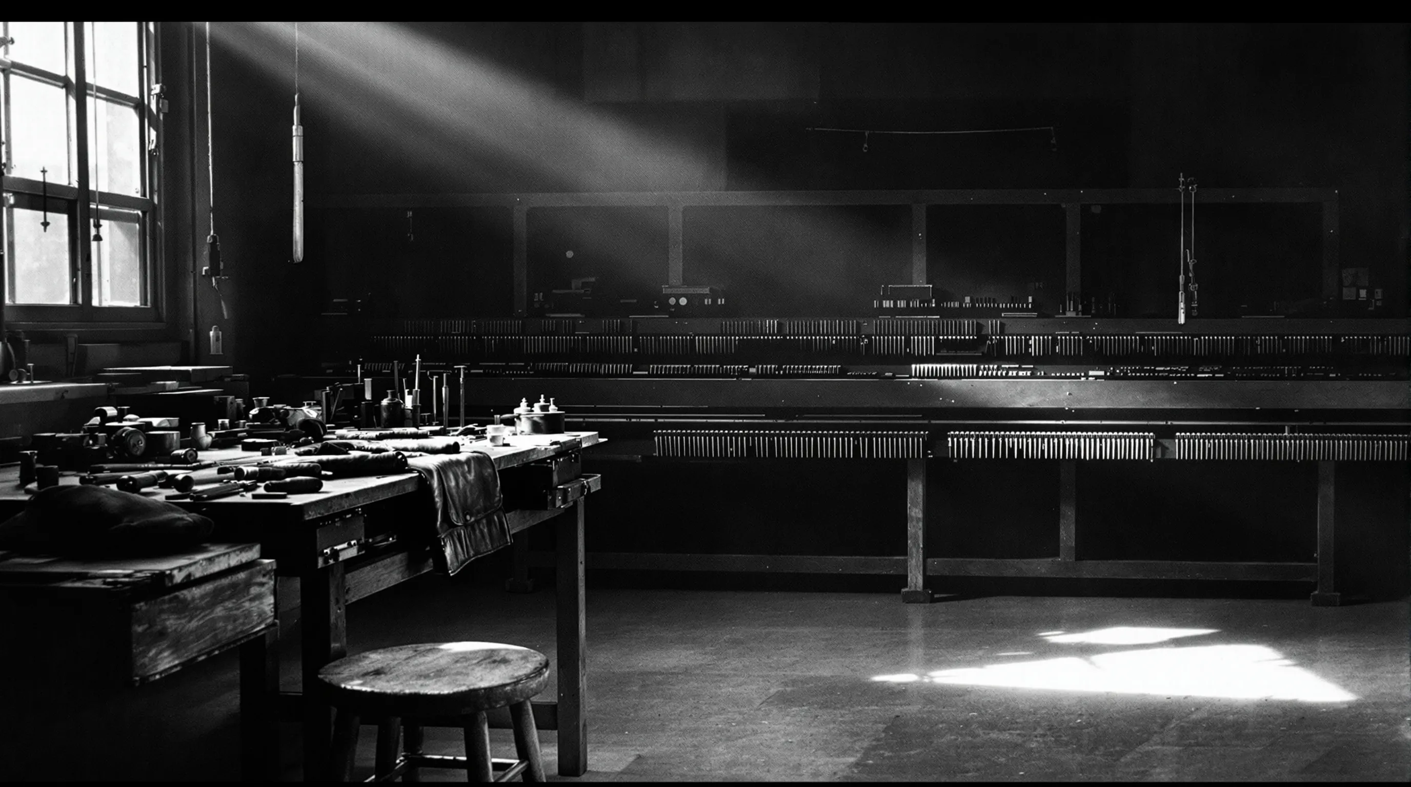 A craftsman's heavy wooden workbench with hand tools laid out neatly and an empty stool pulled up to it, black and white documentary photograph. Metaphor for the worker that thinks for itself.
